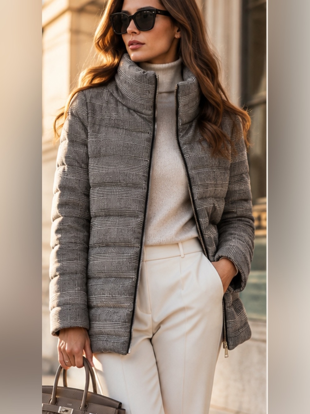 Herno Rare Women's Plaid Quilted Puffer Jacket in Gray and Brown